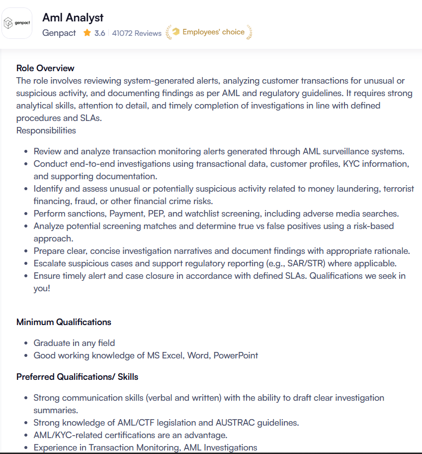 aml analyst job description
