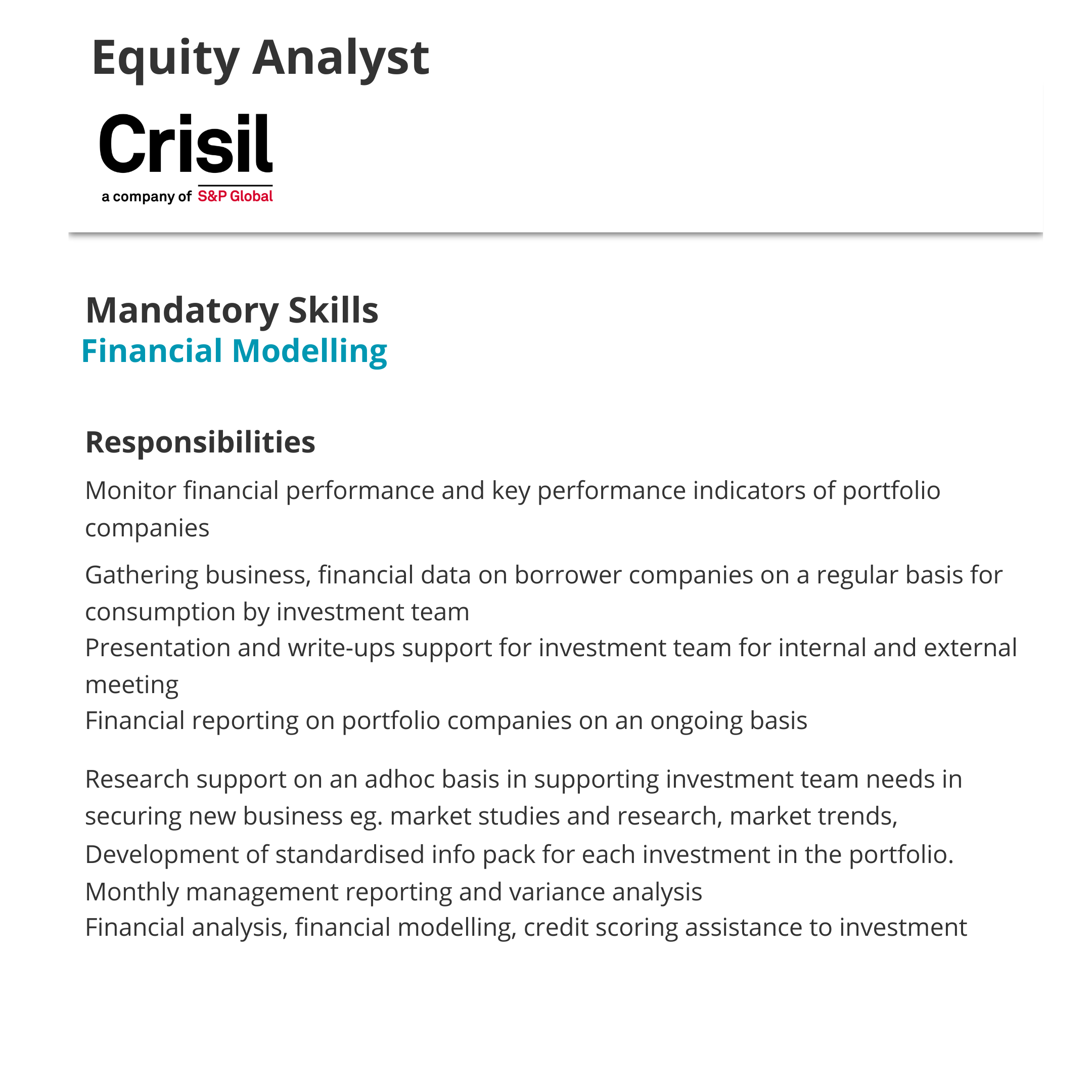 Equity Analyst job description highlighting mandatory financial modeling skill
