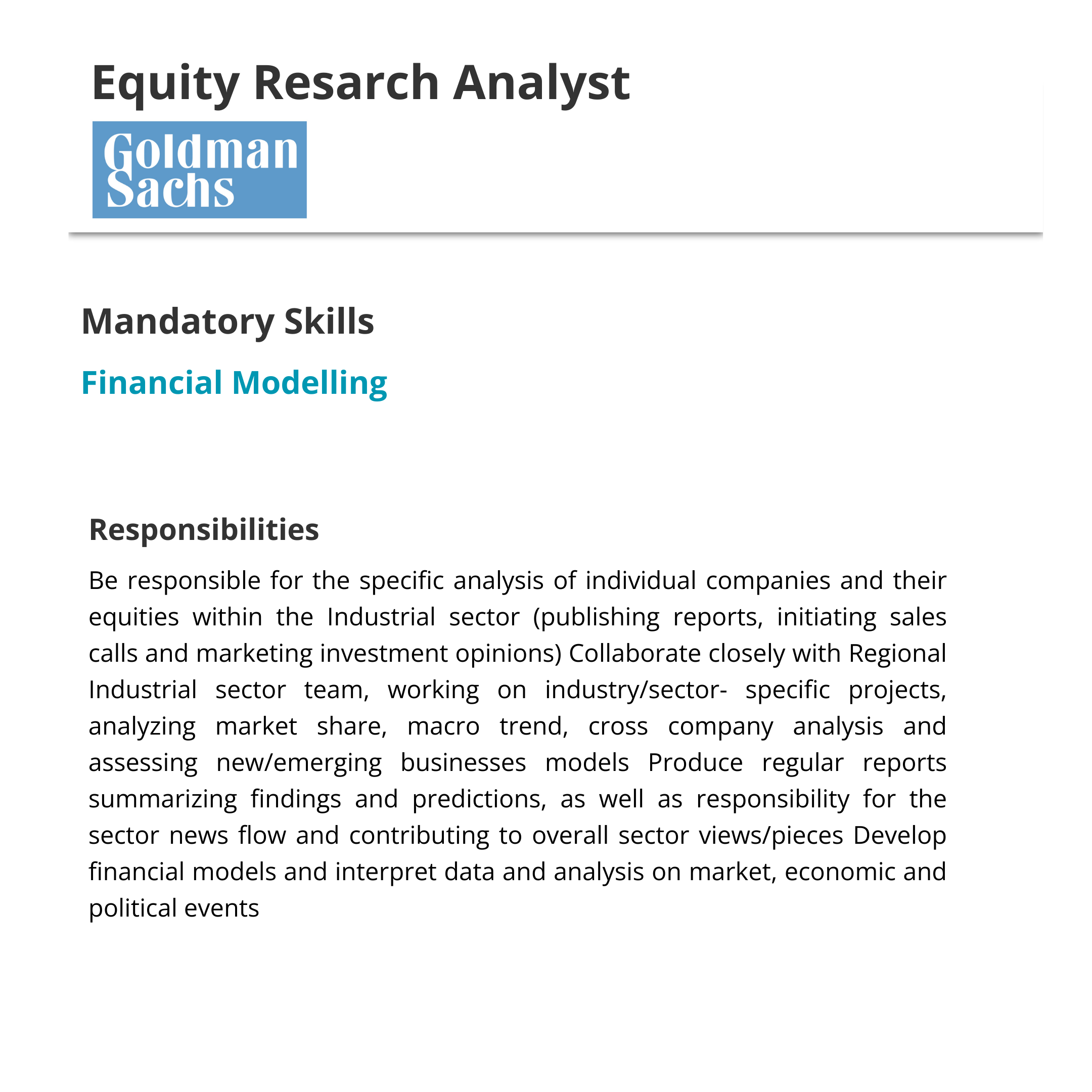 Equity Research Analyst job description with financial modeling requirement