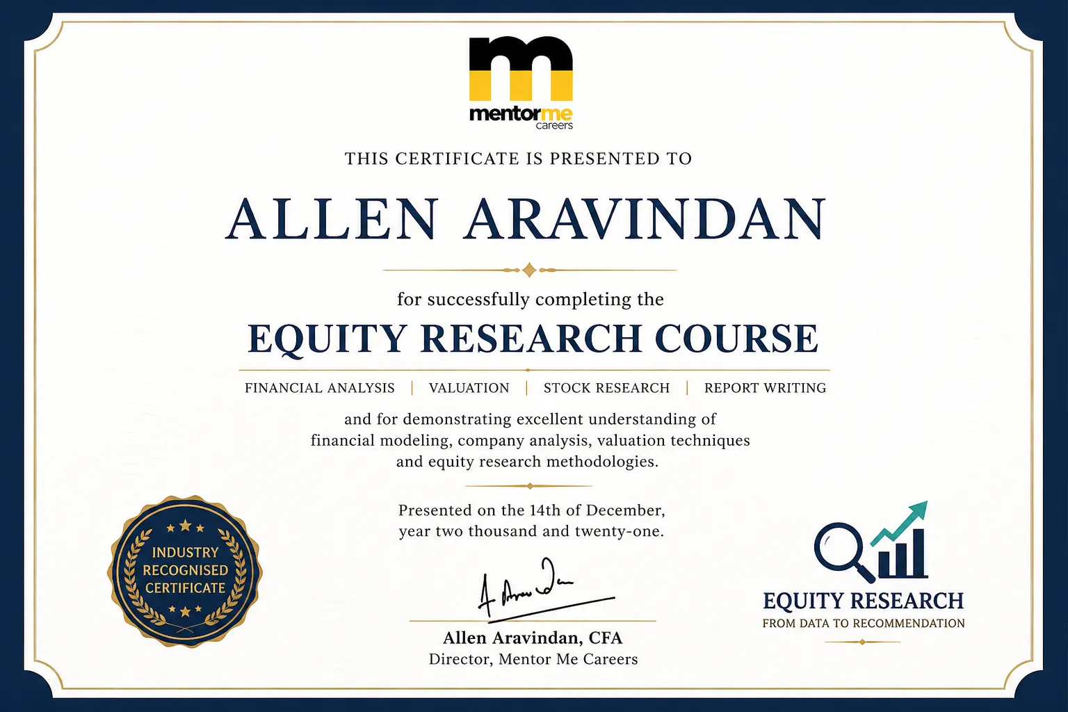 Industry Recognised Certificate - Equity Research Course