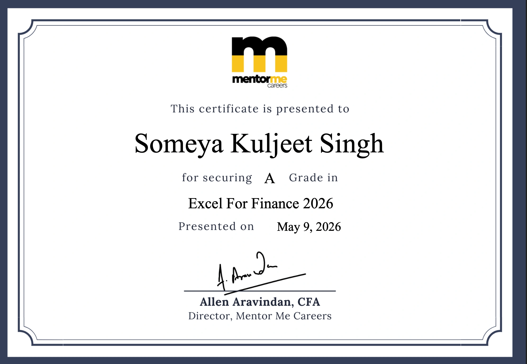 Advanced Excel Course Certificate Sample by MentorMeCareers